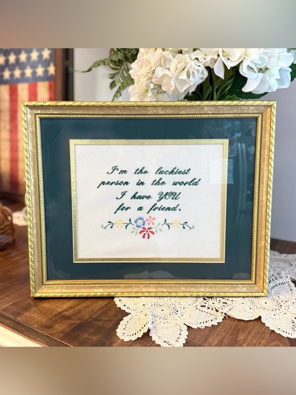 Grandmacore handmade embroidered friend floral artwork.